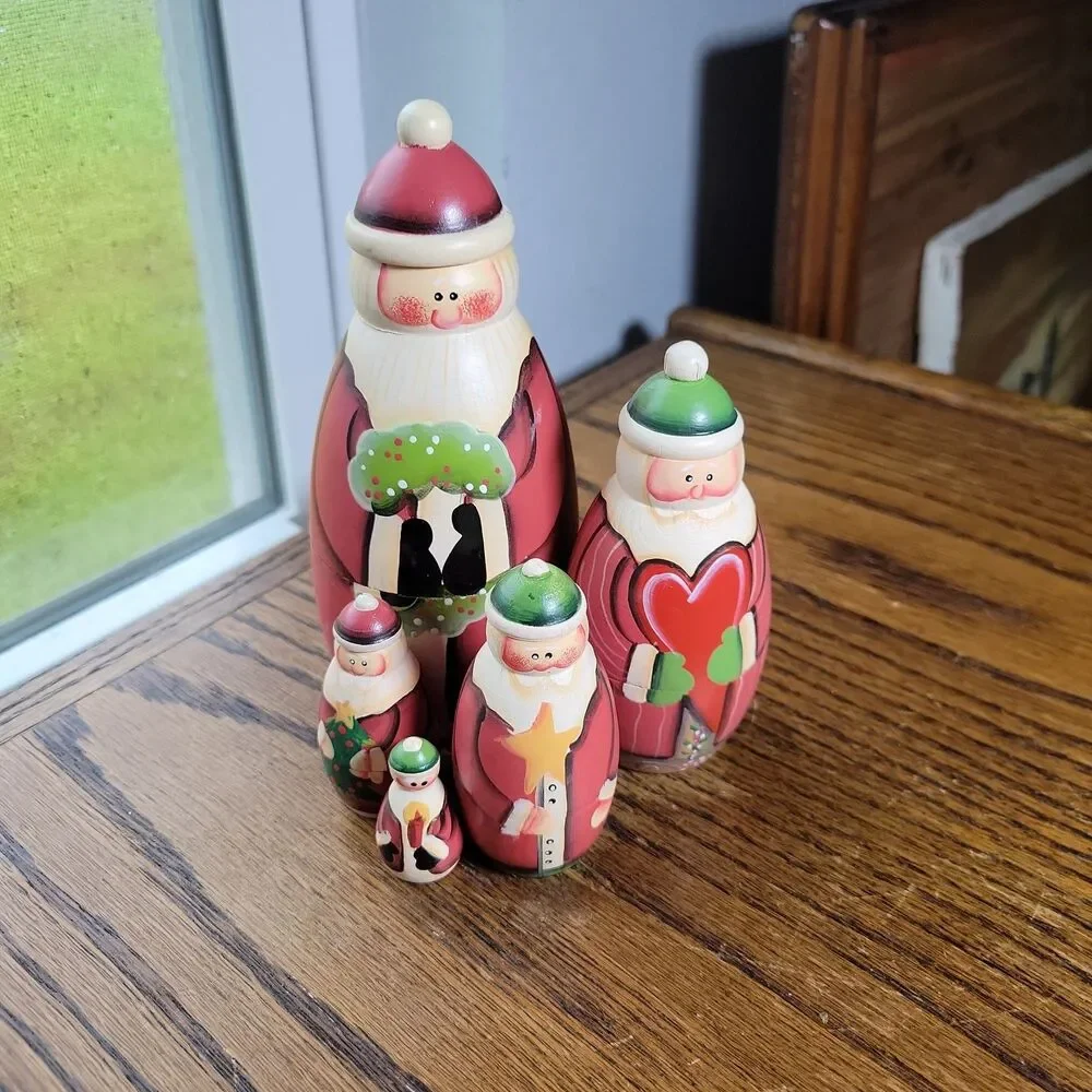 Vintage Hand Painted Santa Claus Matryoshka Nesting Dolls Set Of 5 Christmas
